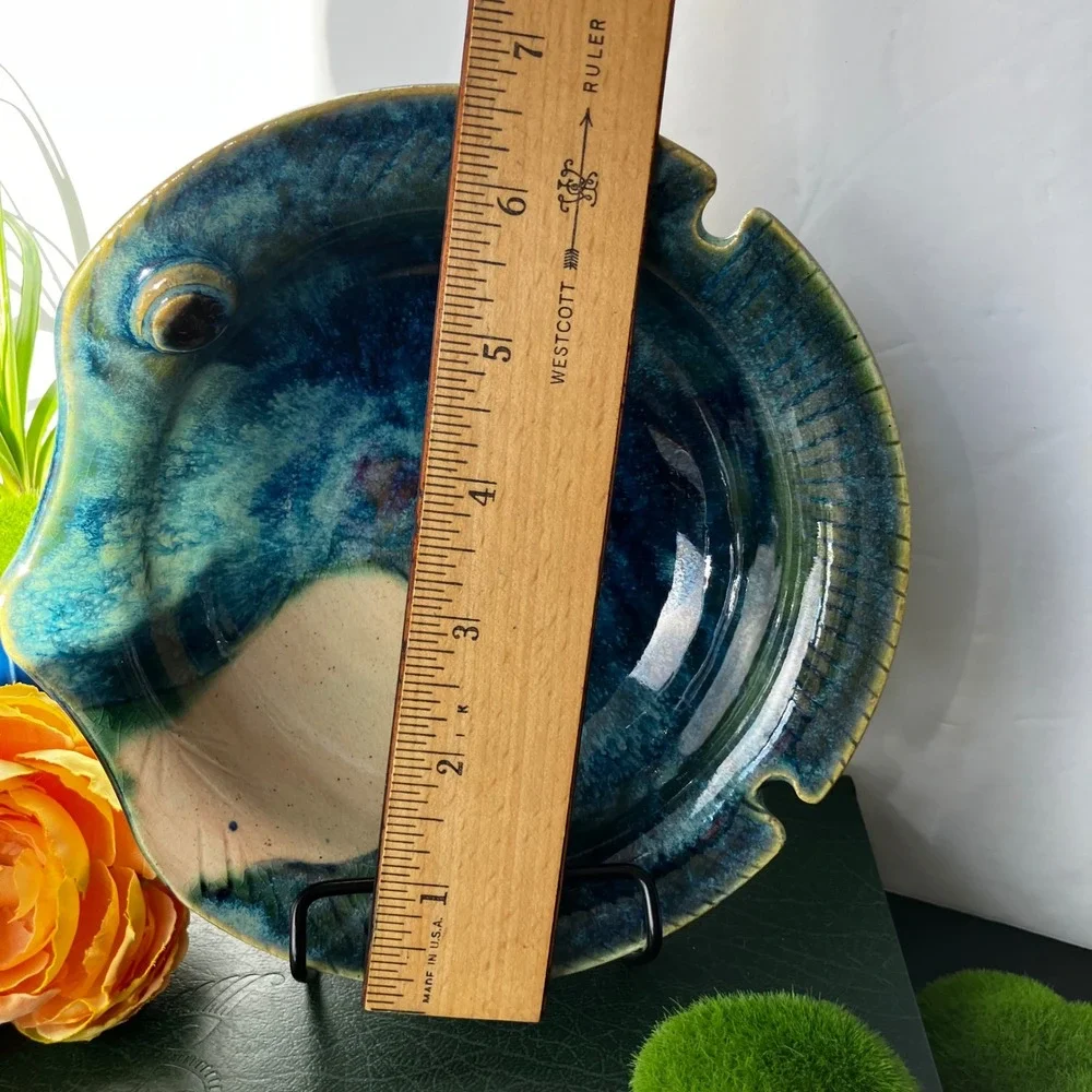James Lawson Pottery Fish Bowl 1994 Vintage Blue Teal Drip Glaze Handcrafted Art